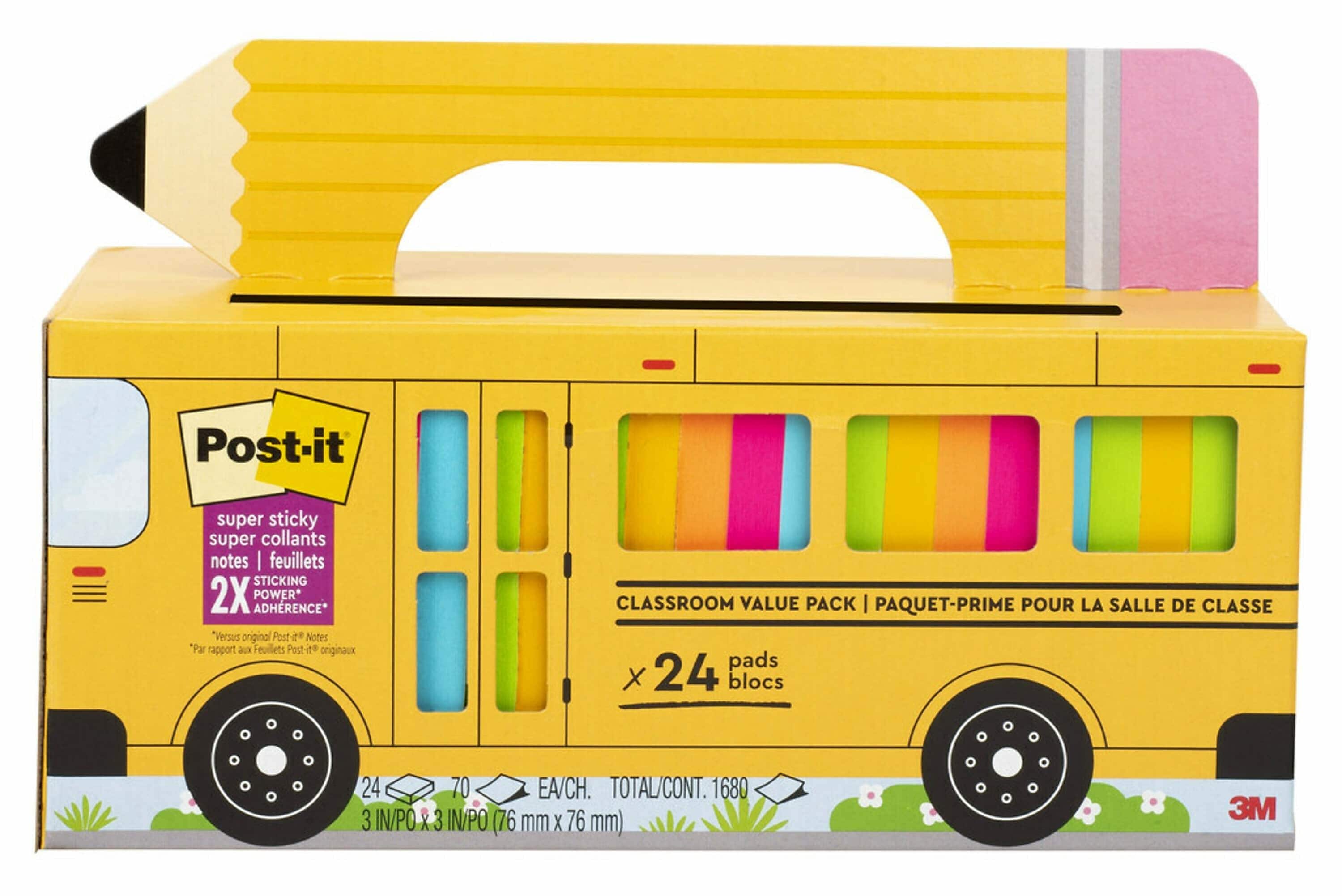 Post-it Bus Cabinet Pack Super Sticky Notes, Assorted Colors, 70 Sheets/Pad, 24 Pads/Pack (654-24SSBUS)