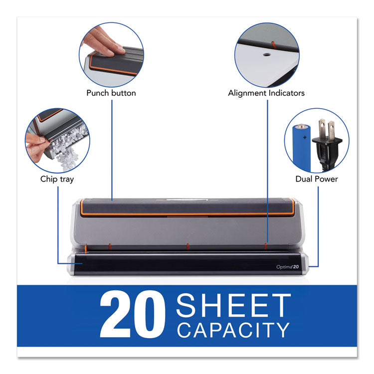20-Sheet Optima 20 Electric Punch, Three-Hole, 9/32" Holes, Silver/black