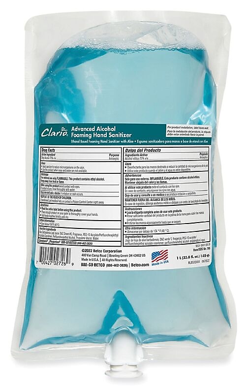 Betco Clario Advanced Alcohol Foaming Sanitizer, 1,000 mL Bag, Citrus, 6/Carton (BET7952900)