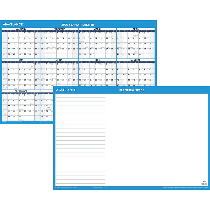 2026 AT-A-GLANCE 36" x 24" Yearly Dry Erase Wall Calendar, Reversible, White/Blue (PM200-28-26)