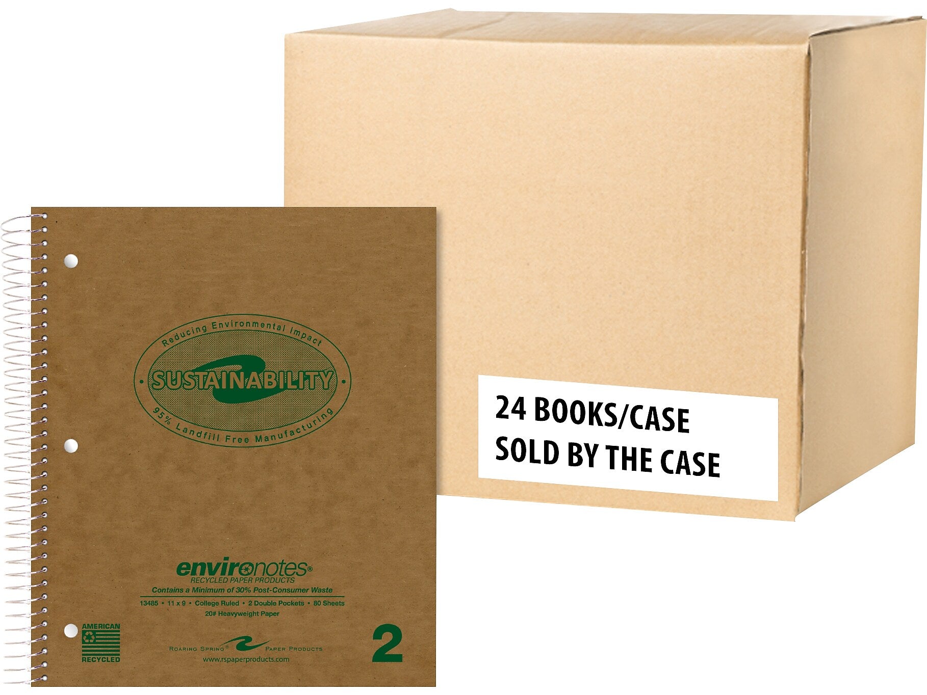 Roaring Spring Paper Products Environotes 2-Subject Notebooks, 9" x 11", College Ruled, 80 Sheets, Brown, 24/Pack (13485CS)
