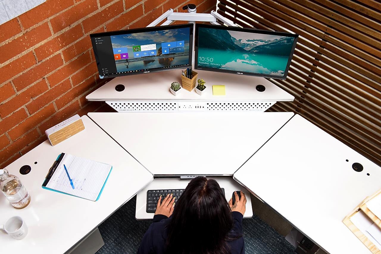 VersaDesk PowerLift 60"W Electric Corner Adjustable Standing Desk, Black/White (PLCSD6060-WB-APP)