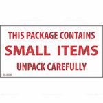 Decker Tape "This Package Contains Small Items/Unpack Carefully" Label, 2" x 4", 500/Roll (DL2529B)