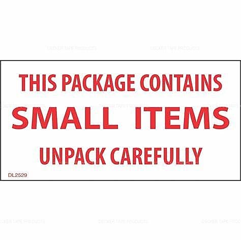 Decker Tape "This Package Contains Small Items/Unpack Carefully" Label, 2" x 4", 500/Roll (DL2529B)
