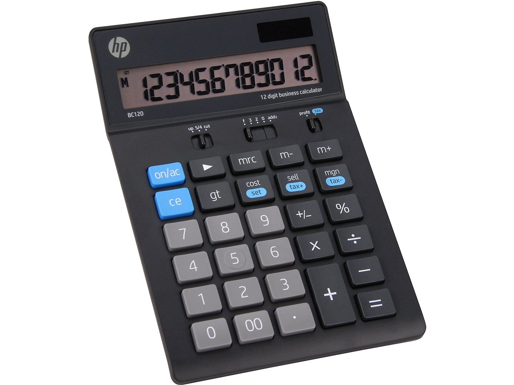 HP BC120 12-Digit Battery/Solar Powered Basic Calculator, Black/Gray (91074U)