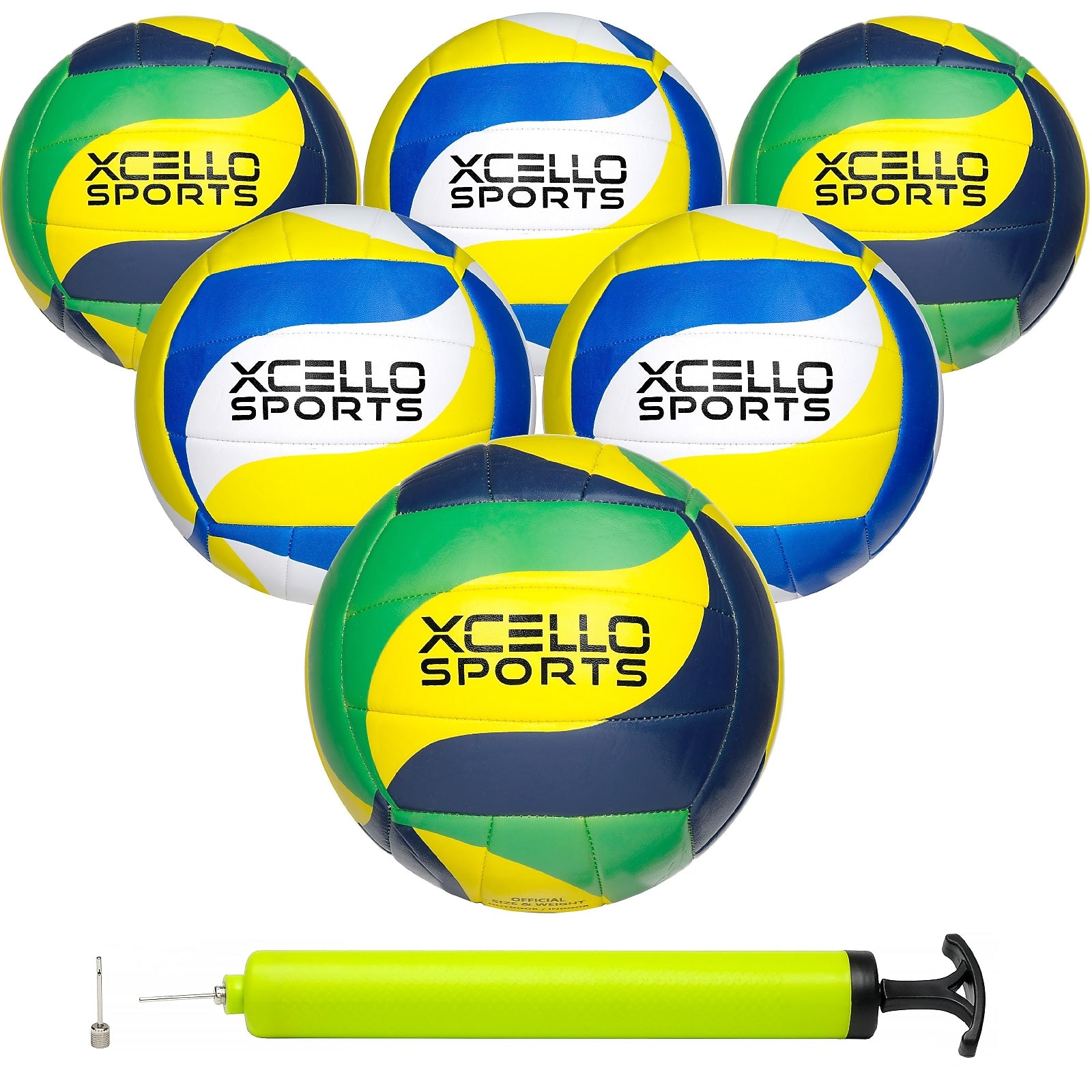 Xcello Sports Volleyballs with Pump, Green/Navy/Yellow and Blue/Yellow/White, 6/Pack (XS-VB-6-ASST-3)