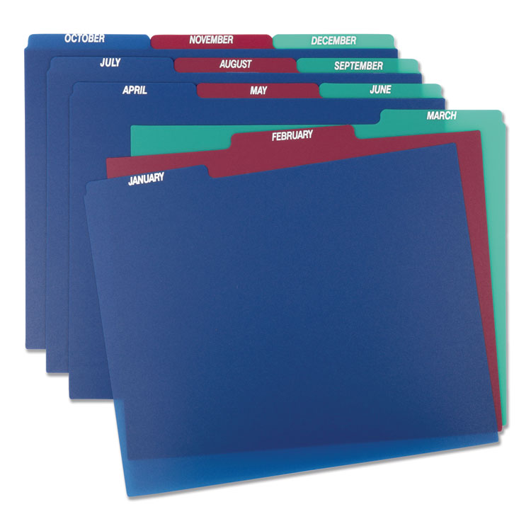 Poly Top Tab File Guides, 1/3-Cut Top Tab, January To December, 8.5 X 11, Assorted Colors, 12/set