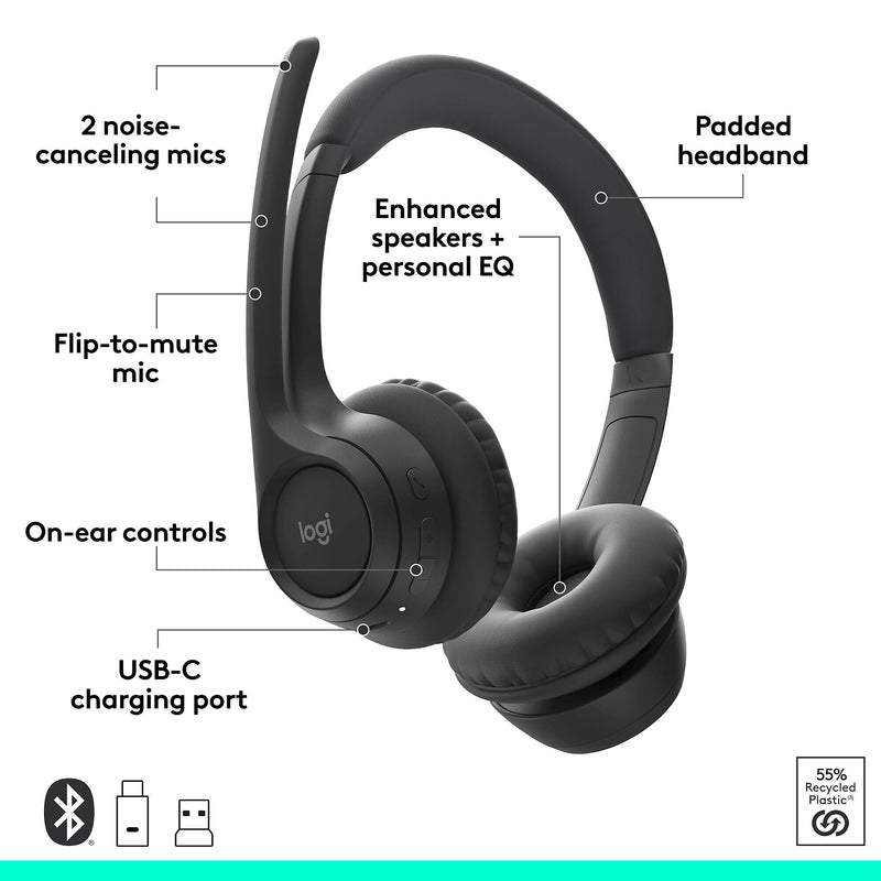 Logitech Zone 305 Wireless Noise Canceling Bluetooth Stereo Headset, USB-C, MS Certified (981-001452)