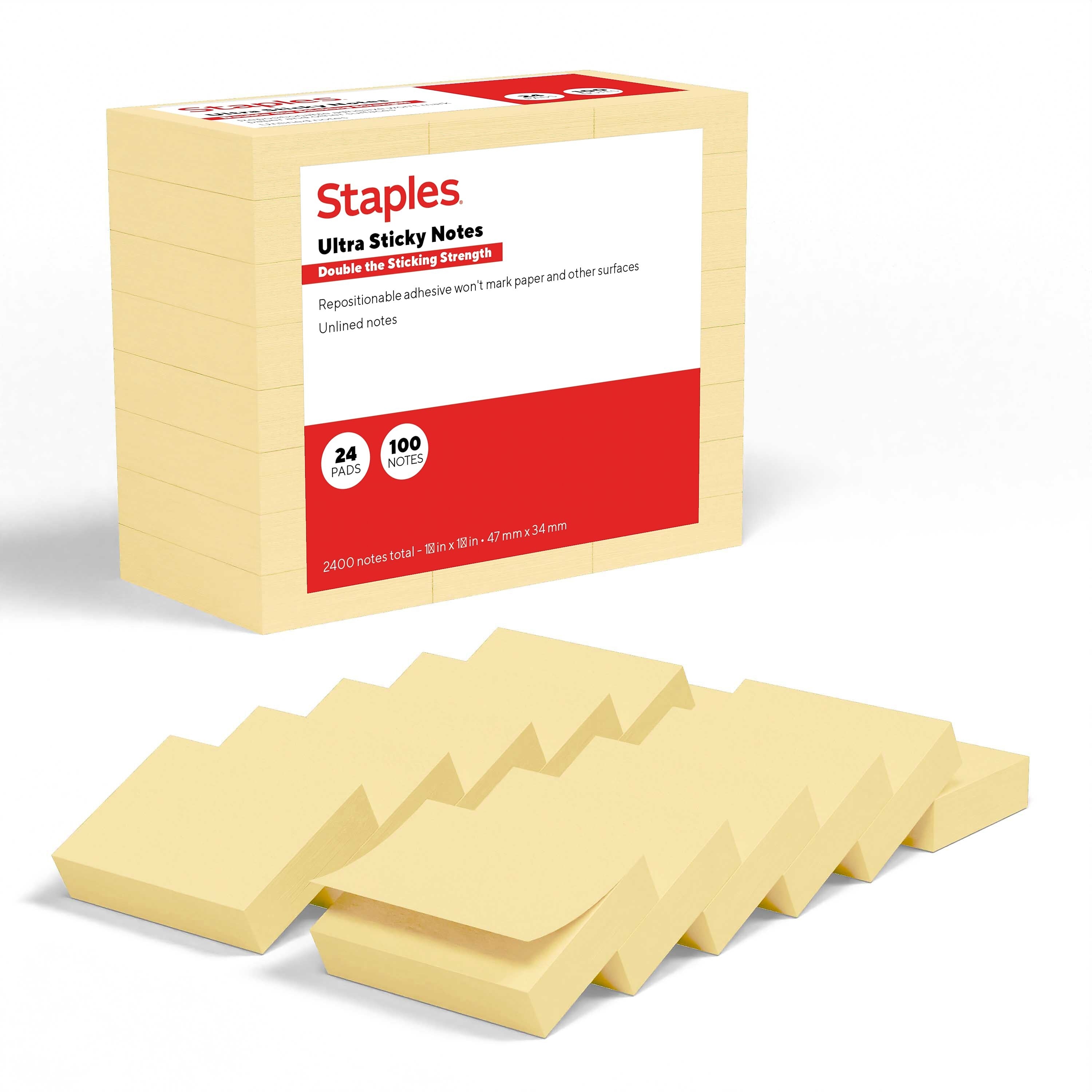 Staples Ultra Sticky Notes, 1 3/8" x 1 7/8", Sunshine Collection, 100 Sheets/Pad, 24 Pads/Pack (ST62878)