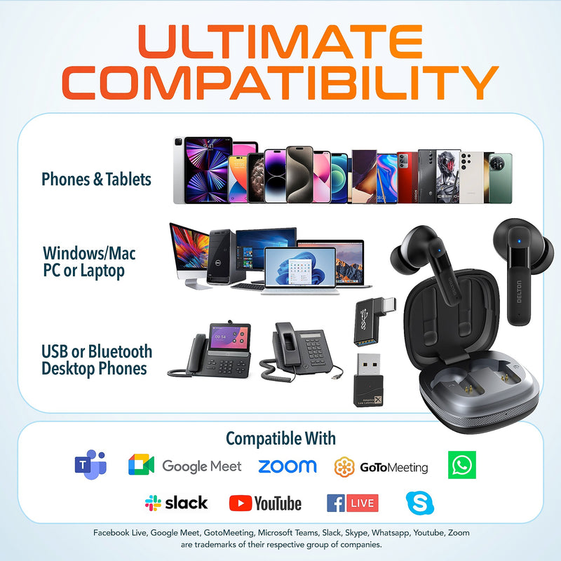 Delton T50 True Wireless Noise Canceling Bluetooth Computer Earbud Headset, Black (DBHT50)