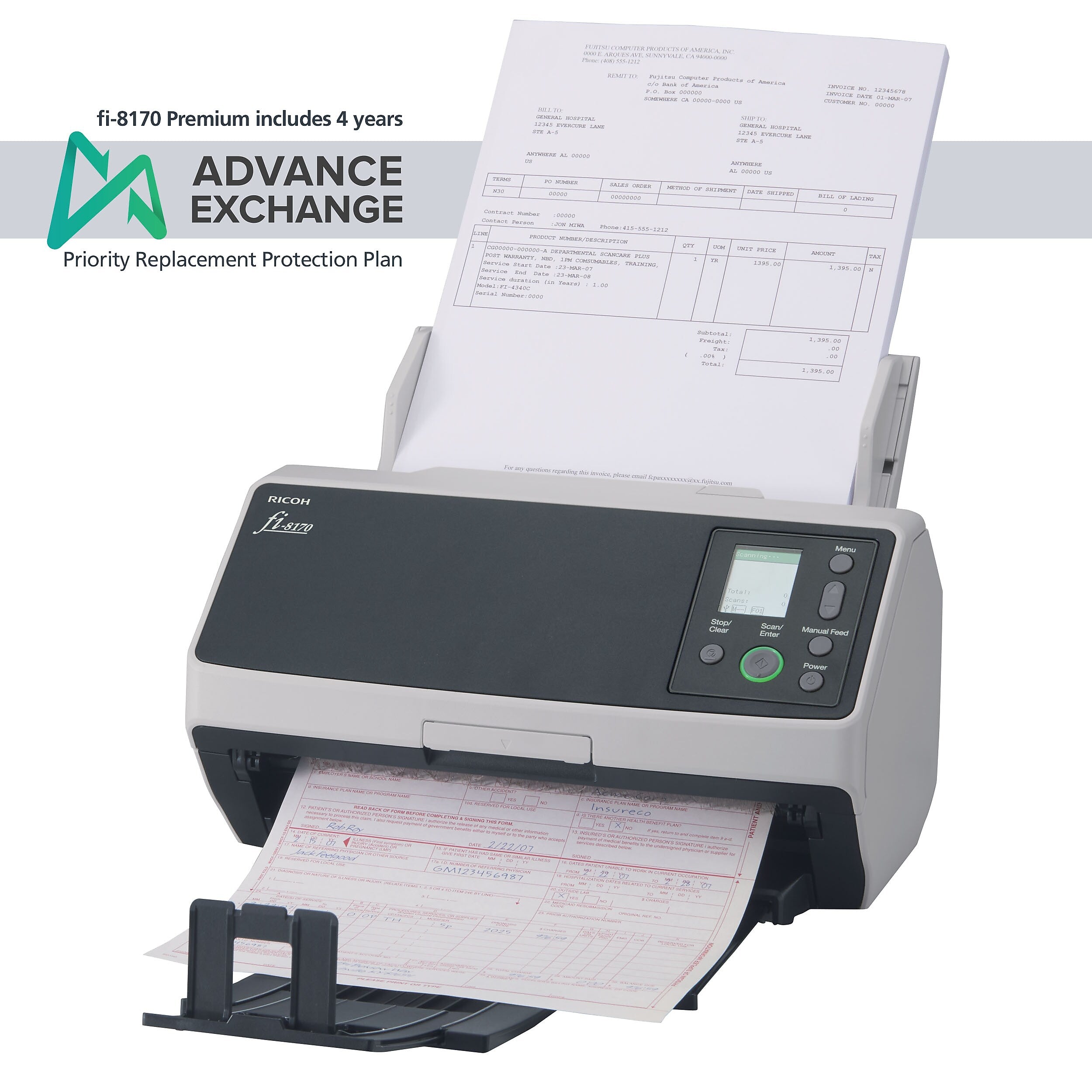 RICOH FI-8170 CG01000-303101 Document Scanner with 3 Additional Years of Advance Exchange Service, Black/White