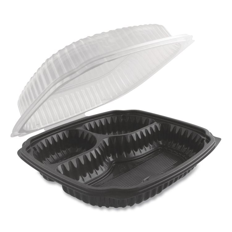 Culinary Lites Microwavable 3-Compartment Container, 20 oz/5 oz/5 oz, 9 x 9 x 3.13, Clear/Black, Plastic, 100/Carton