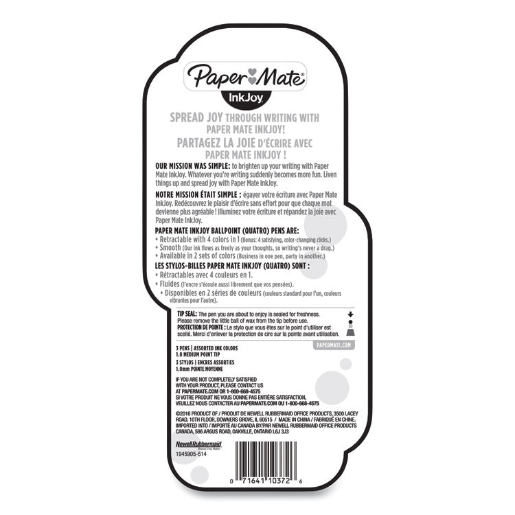 InkJoy Quatro Multi-Color Ballpoint Pen, Retractable, Medium 1 mm, Assorted Business/Fashion Ink and Barrel Colors, 3/Pack