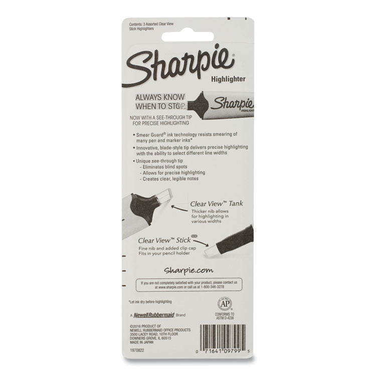 Clearview Pen-Style Highlighter, Assorted Ink Colors, Chisel Tip, Assorted Barrel Colors, 3/Pack
