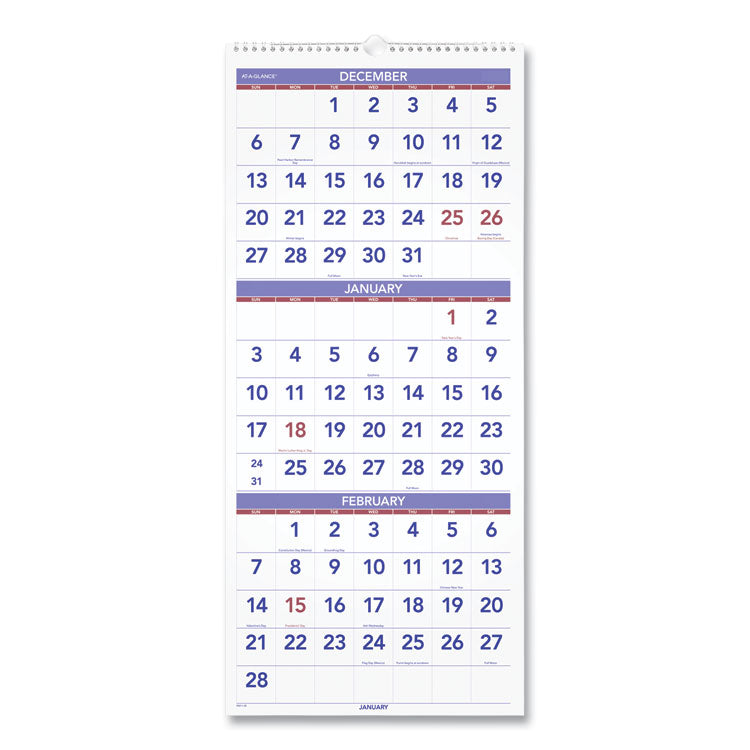 Deluxe Three-Month Reference Wall Calendar, Vertical Orientation, 12 x 27, White Sheets, 14-Month: Dec 2024 to Jan 2026