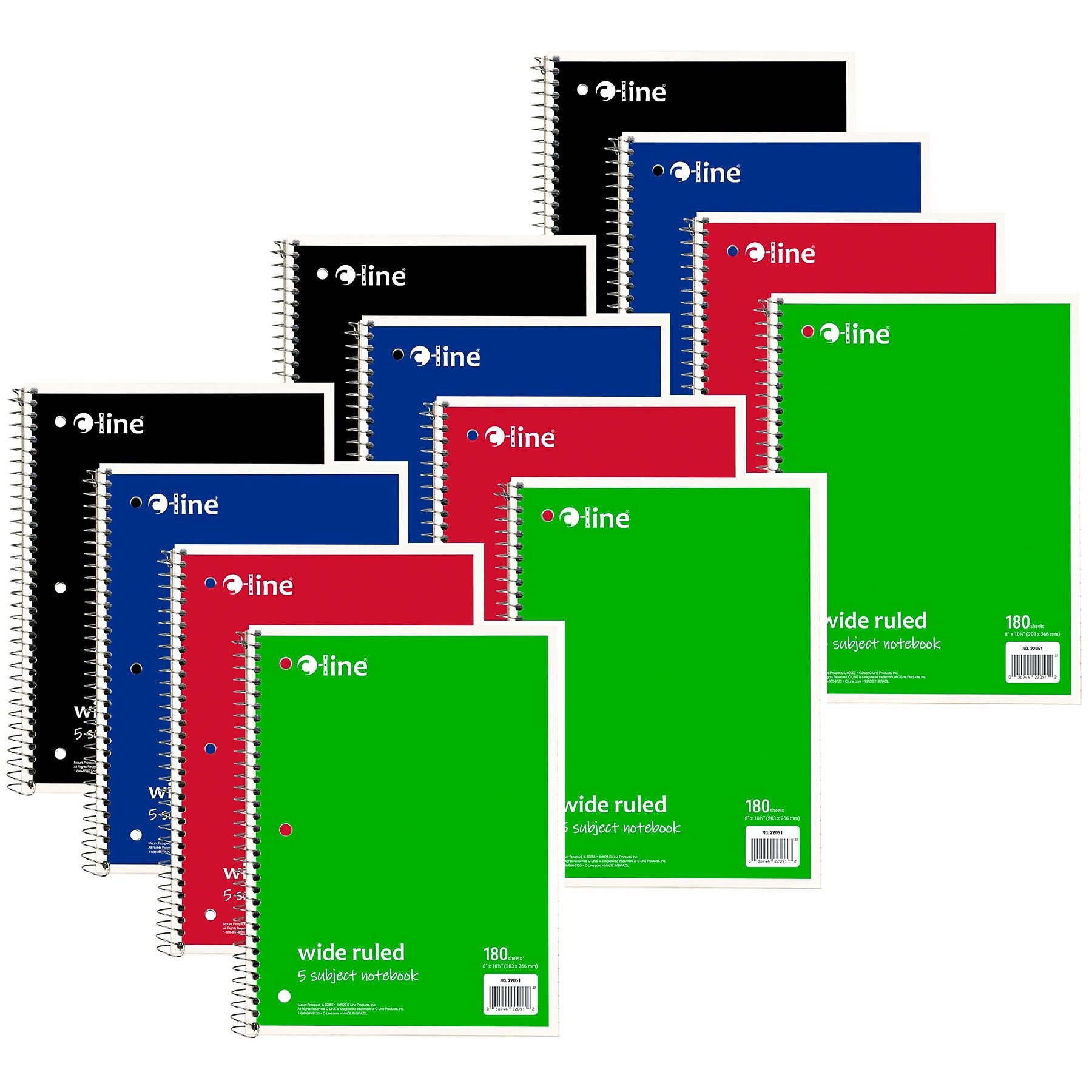 C-Line 5-Subject Subject Notebooks, Wide Ruled, 180 Sheets, Assorted Colors, 3/Bundle (CLI22051-3)