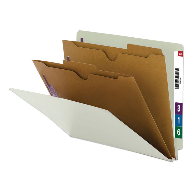 X-Heavy End Tab Pressboard Classification Folders, Six SafeSHIELD Fasteners, 2 Dividers, Letter Size, Gray-Green, 10/Box