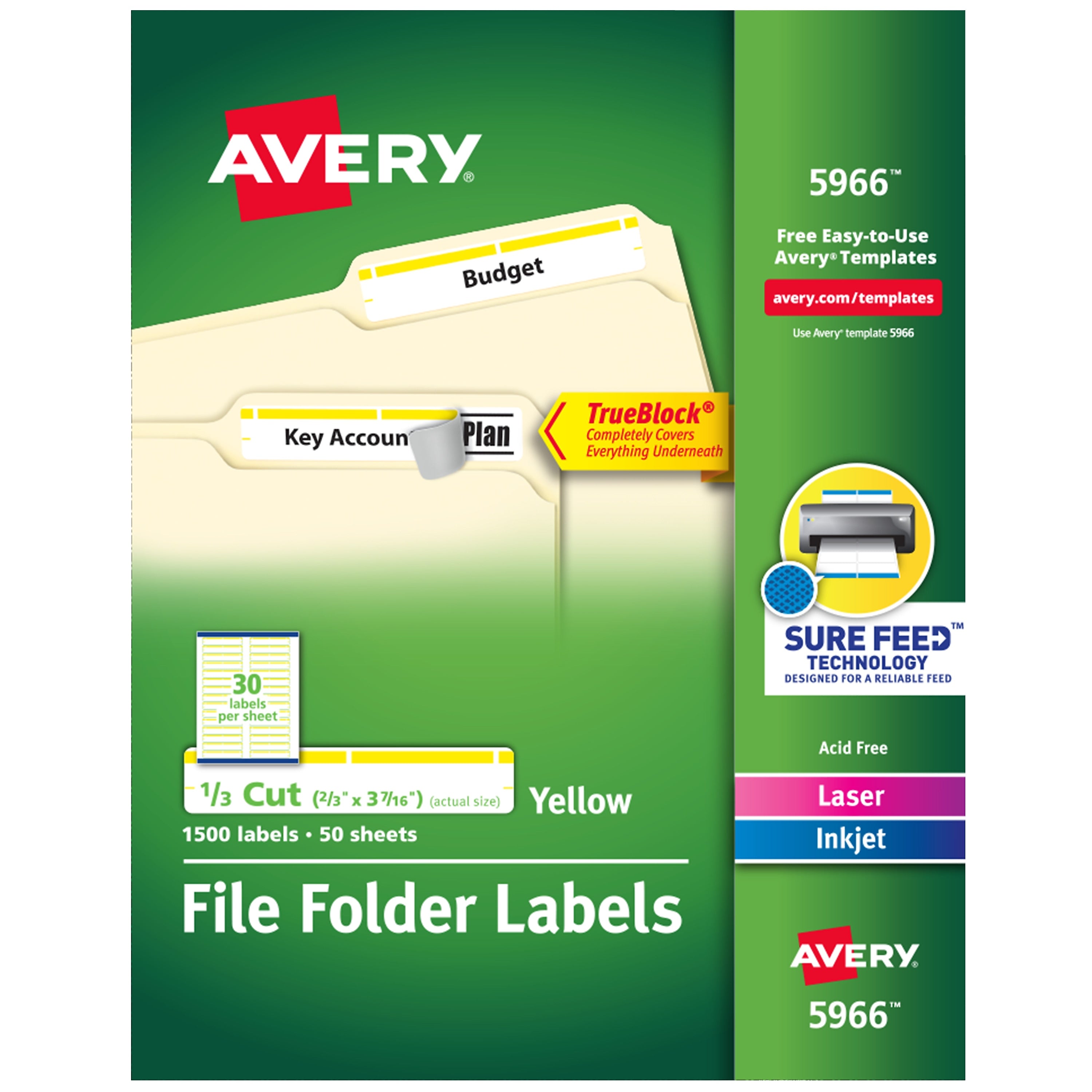 Avery TrueBlock Laser/Inkjet File Folder Labels, 2/3" x 3-7/16", White/Yellow, 1,500 Labels/Pack (5966)