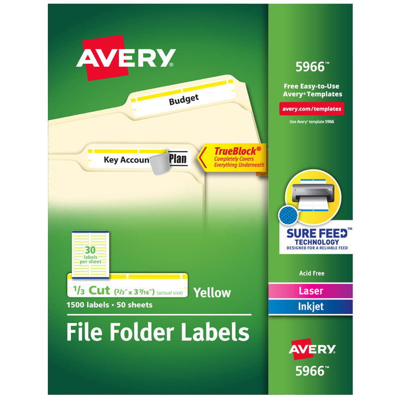 Avery TrueBlock Laser/Inkjet File Folder Labels, 2/3" x 3-7/16", White/Yellow, 1,500 Labels/Pack (5966)