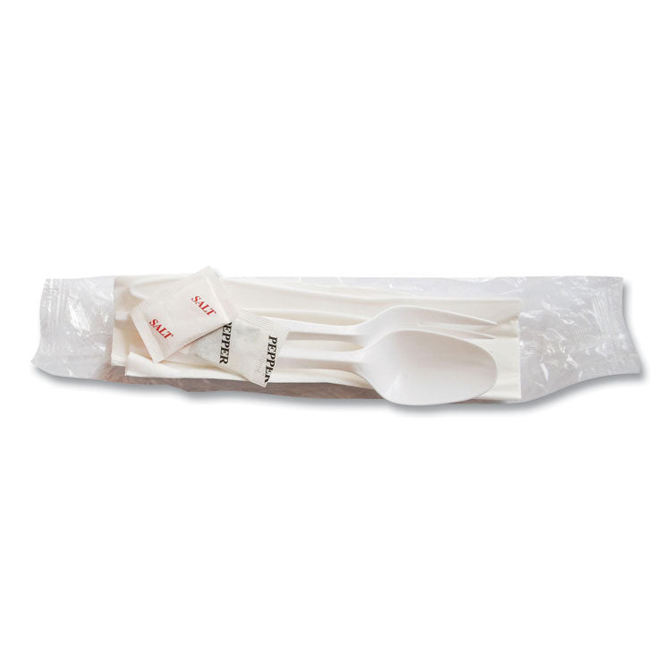 Mediumweight Cutlery Kit, Fork/Knife/Napkin/Pepper/Salt/Spoon, Plastic, White, 250/Carton
