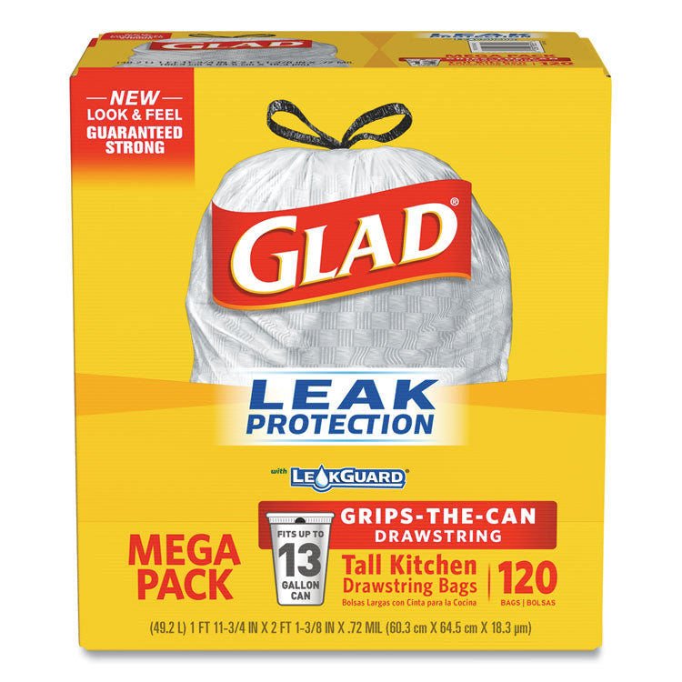 Tall Kitchen Drawstring Trash Bags with LeakGuard, 13 gal, Unscented, 23.47" x 25.38", White, 120/Box