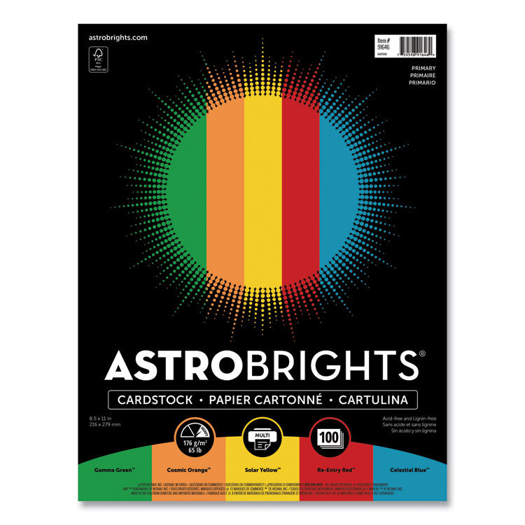Color Cardstock -"Primary" Assortment, 65 lb Cover Weight, 8.5 x 11, Assorted Primary Colors, 100/Pack