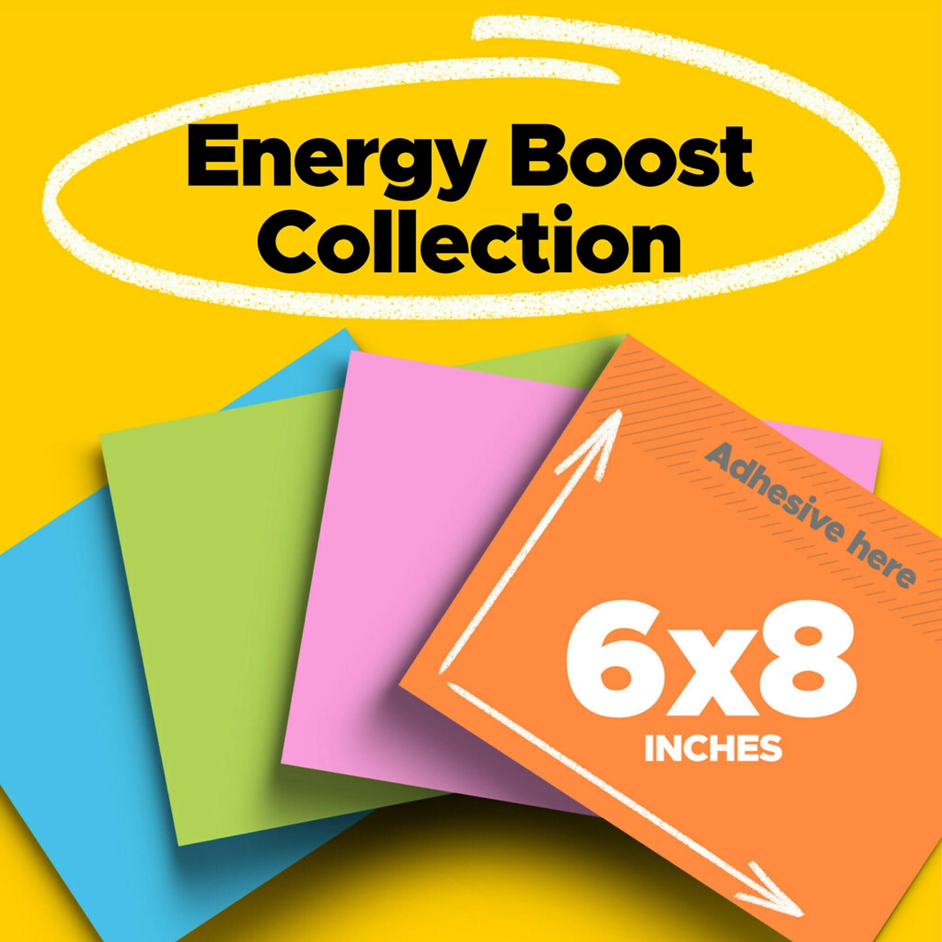 Post-it Super Sticky Notes, 8" x 6", Energy Boost Collection, 45 Sheet/Pad, 4 Pads/Pack (6845SSP)