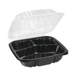 Pactiv Evergreen EarthChoice Vented Microwavable Hinged Lid Container, 3-Compartment, 33oz, Black/Clear, Plastic, 150/CT