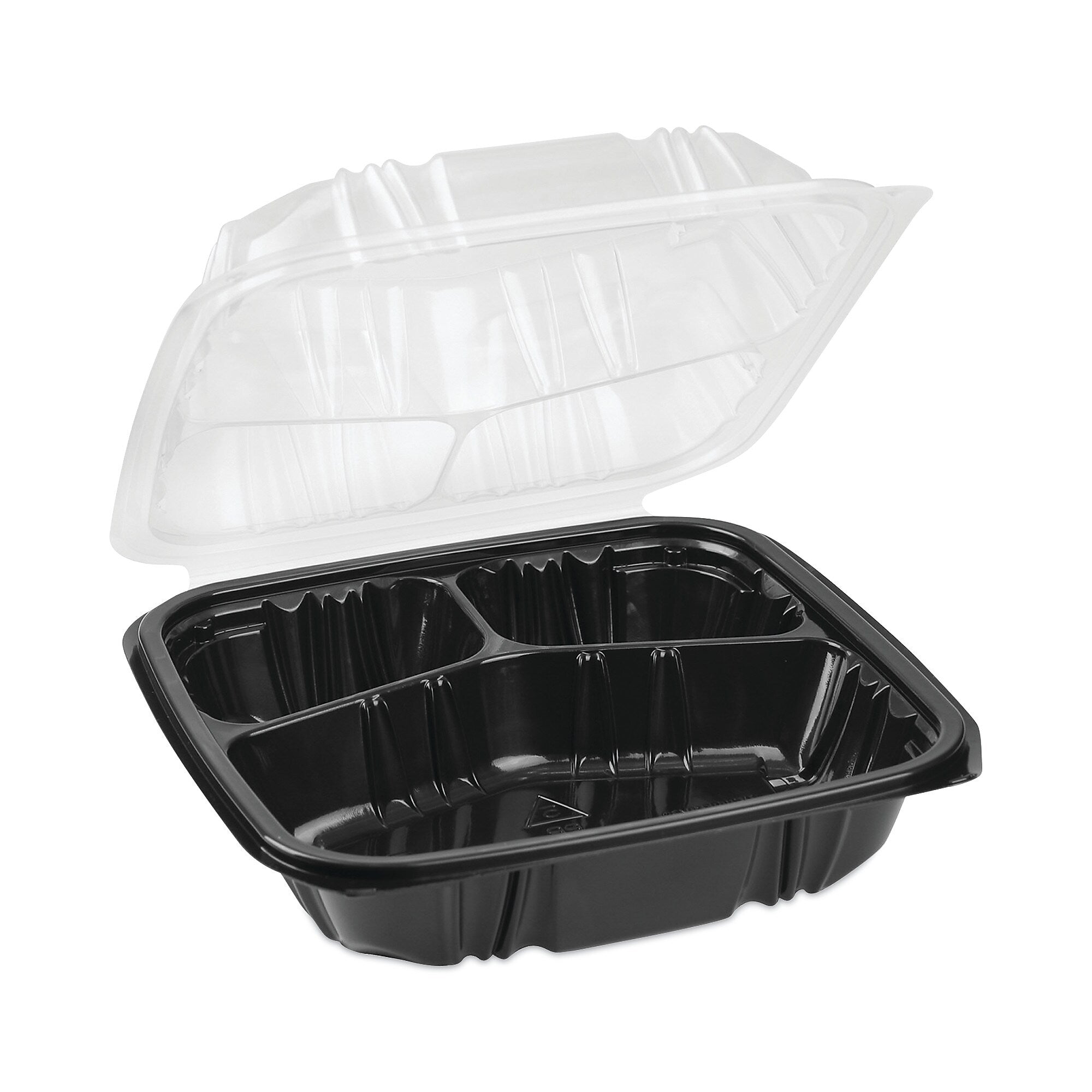 Pactiv Evergreen EarthChoice Vented Microwavable Hinged Lid Container, 3-Compartment, 33oz, Black/Clear, Plastic, 150/CT