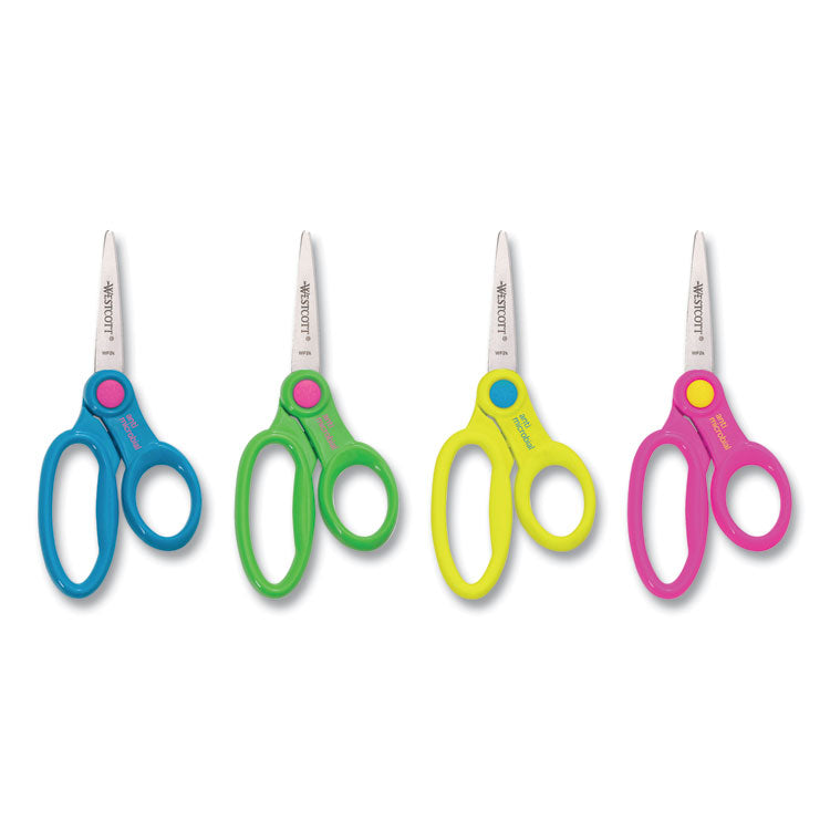 Scissor Caddy with Kids' Scissors, Pointed Tip, 5" Long, 2" Cut Length, Straight Assorted Color Handles, 24/Set