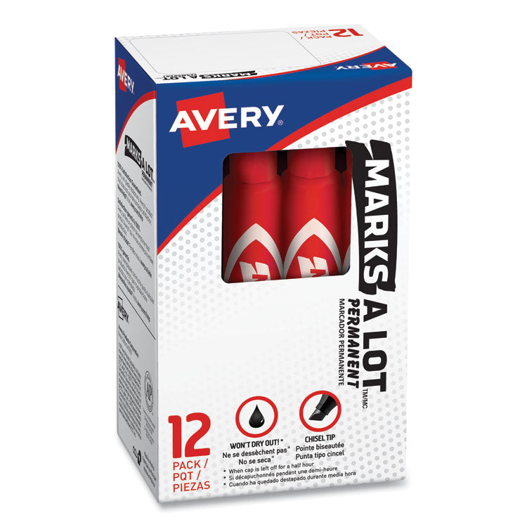 Marks A Lot Regular Desk-Style Permanent Marker, Broad Chisel Tip, Red, Dozen (7887)