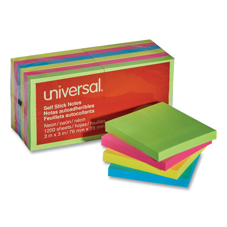 Self-Stick Note Pads, 3" x 3", Assorted Neon Colors, 100 Sheets/Pad, 12 Pads/Pack