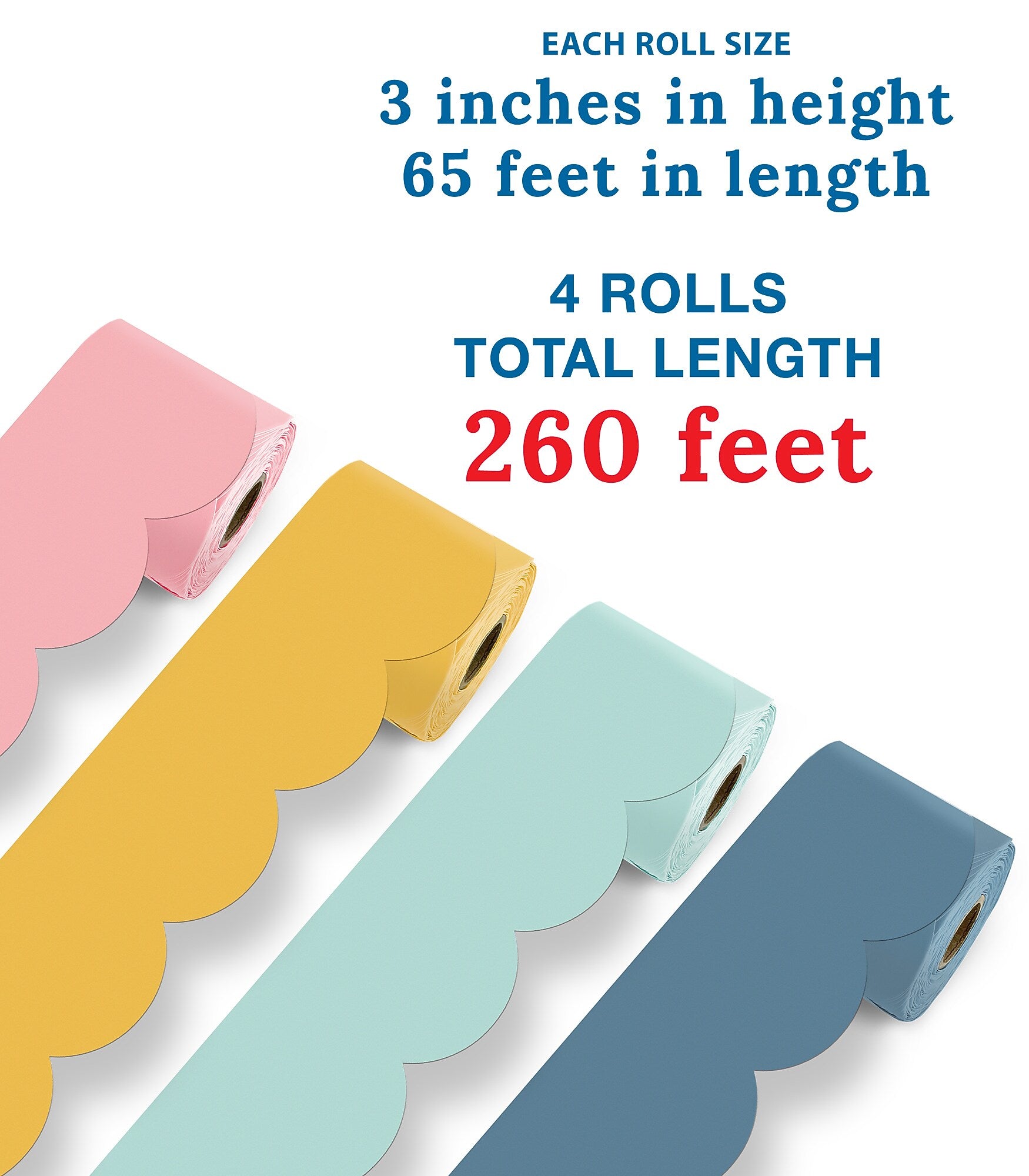 Carson Dellosa Rolled Scalloped Borders, 3" x 65', Happy Day, 4/Pack (145413)