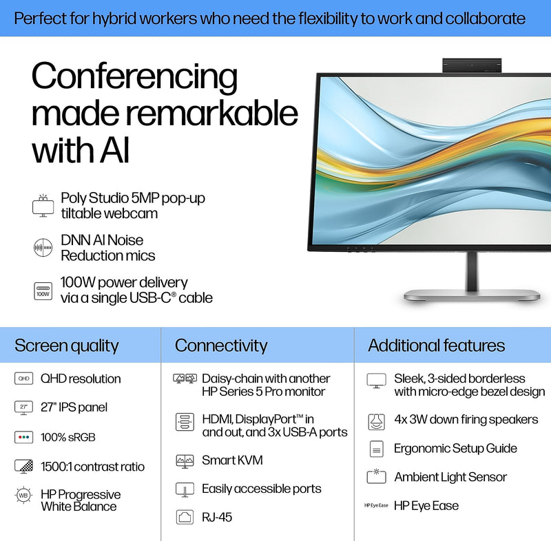 HP 5 Series Pro USB-C 27" 4K Ultra HD 75Hz LCD Monitor, Black (9E0Y9UT#ABA)