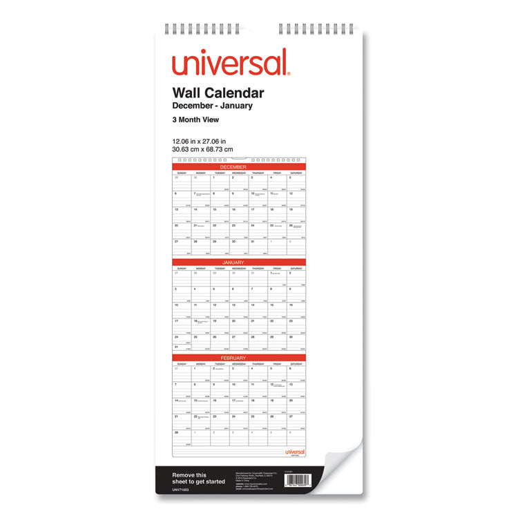 Three-Month Wall Calendar, 12 x 27, White/Red Sheets, 14-Month: Dec 2025 to Jan 2027