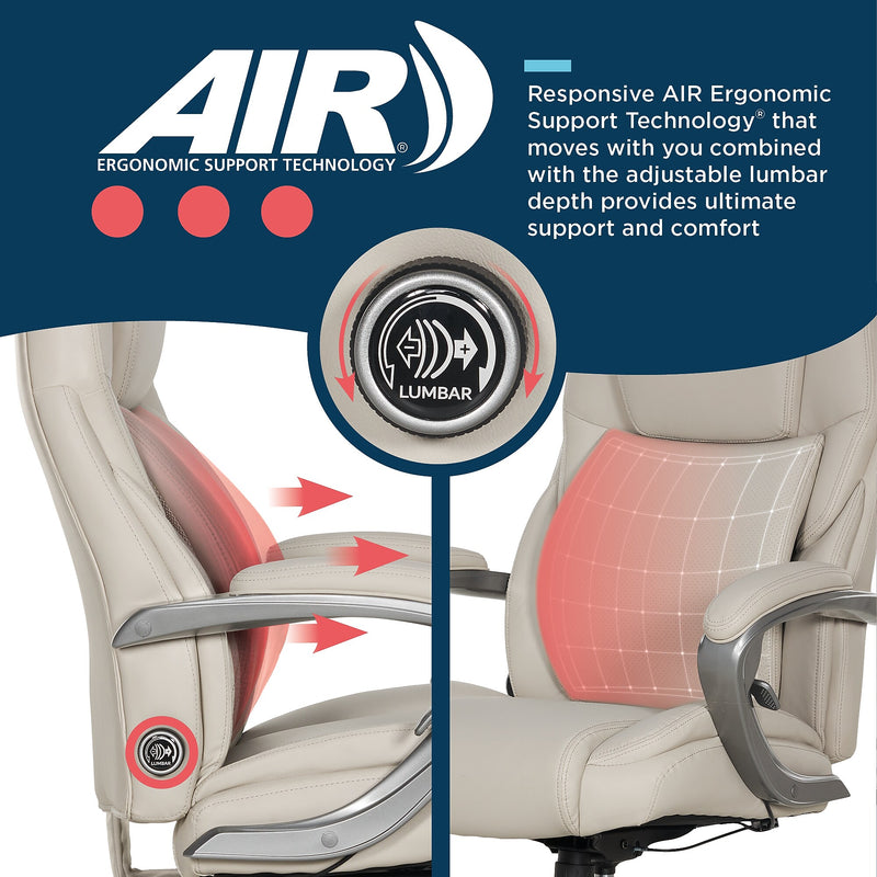 La-Z-Boy Niall AIR Lumbar Pro+ Ergonomic Vegan Leather Executive Big & Tall Chair, 400 lb. Capacity, Beige (60114-BGE)