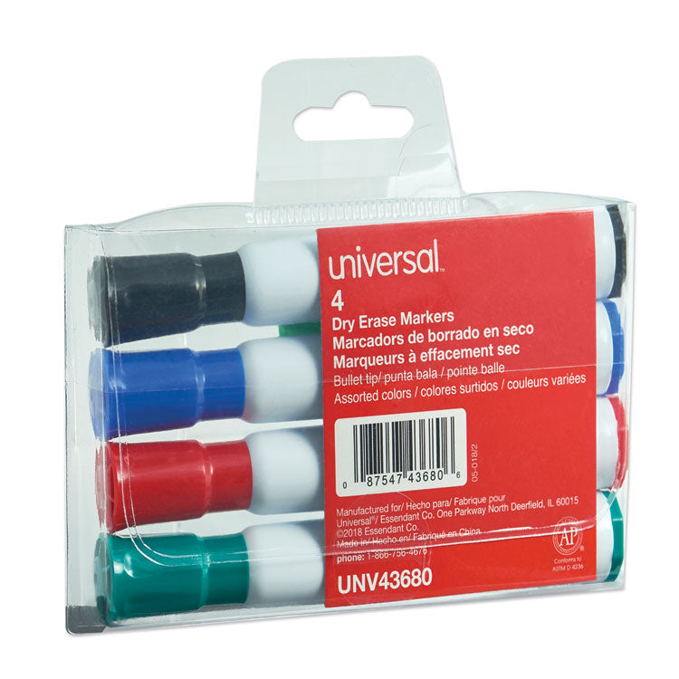 Dry Erase Marker, Medium Bullet Tip, Assorted Colors, 4/set