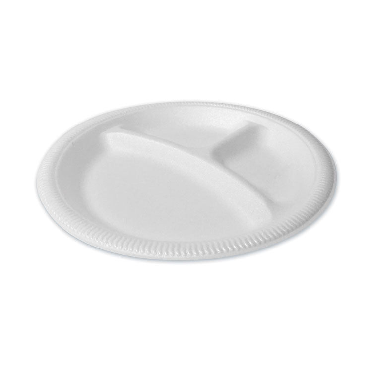 Foam Dinnerware, 3-Compartment Plate, 9" dia, White, 125/Sleeve, 4 Sleeves/Pack