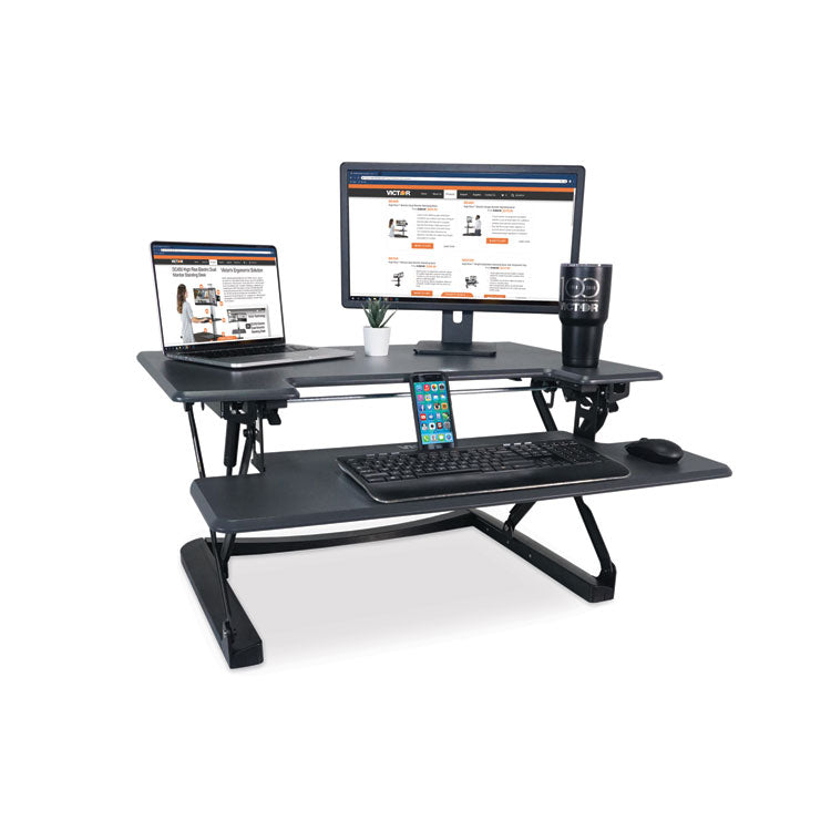 High Rise Height Adjustable Standing Desk With Keyboard Tray, 36" X 31.25" X 5.25" To 20", Gray/black