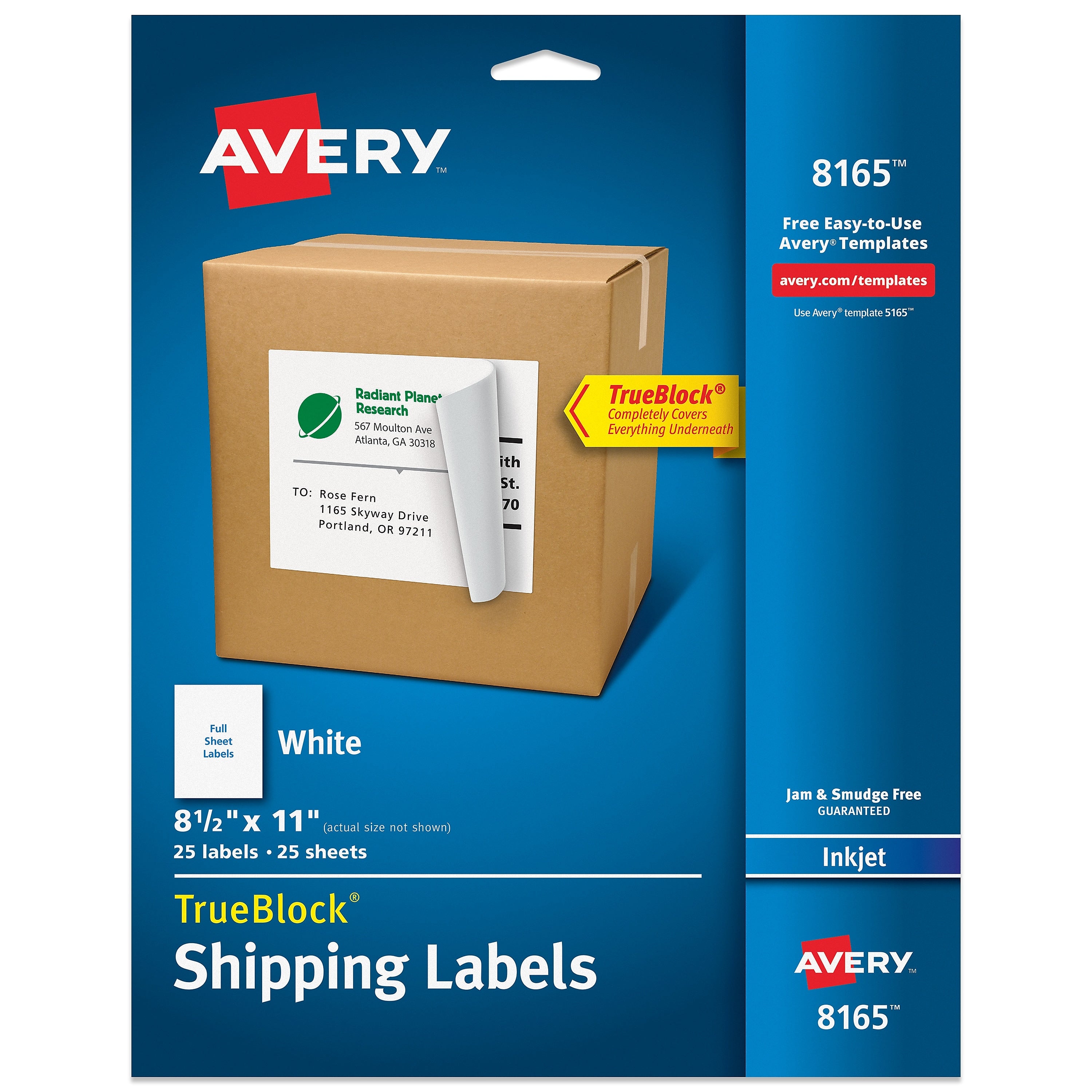 Avery TrueBlock Inkjet Shipping Labels, 8.5" x 11", Matte White, 25 Labels/Pack (8165)