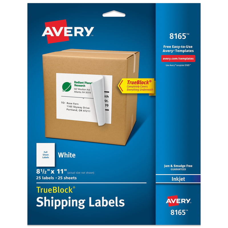 Avery TrueBlock Inkjet Shipping Labels, 8.5" x 11", Matte White, 25 Labels/Pack (8165)