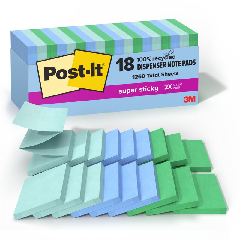 Post-it Recycled Super Sticky Pop-up Notes, 3" x 3", Oasis Collection, 70 Sheet/Pad, 18 Pads/Pack (R330-18SST-CP)