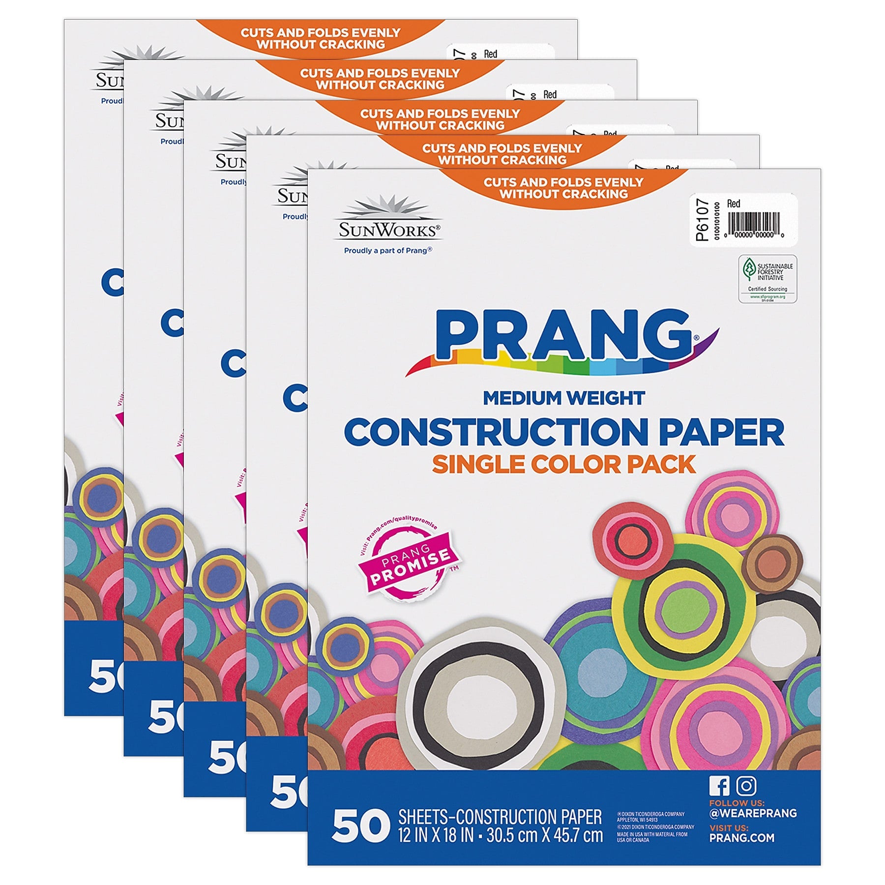 Prang 12" x 18" Construction Paper, Red, 50 Sheets/Pack, 5 Packs/Bundle (PAC6107-5)