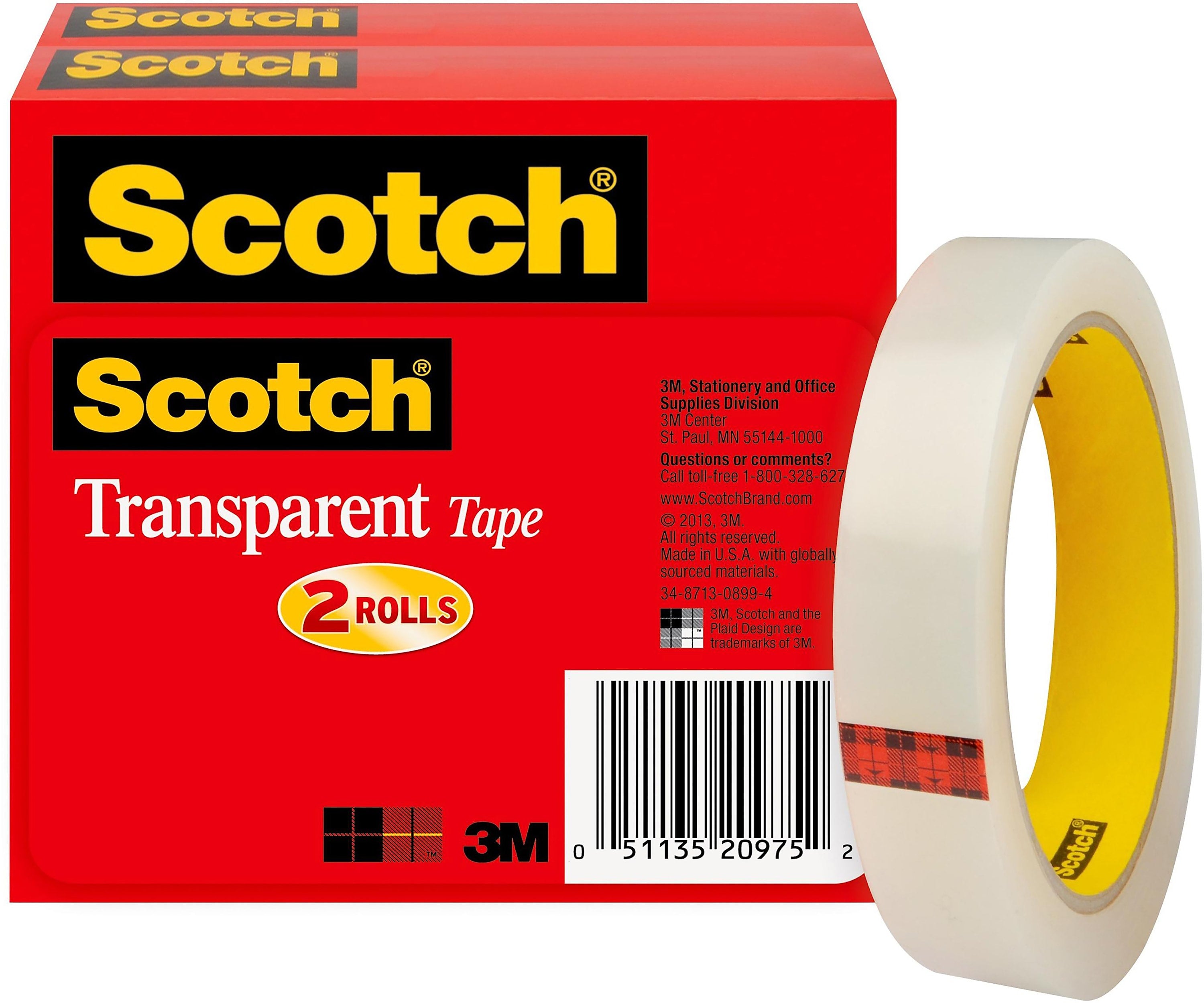 Scotch Transparent Clear Tape Refill, 0.75" x 72 yds., 3" Core, Clear, 2 Rolls/Pack (600-2P34-72)