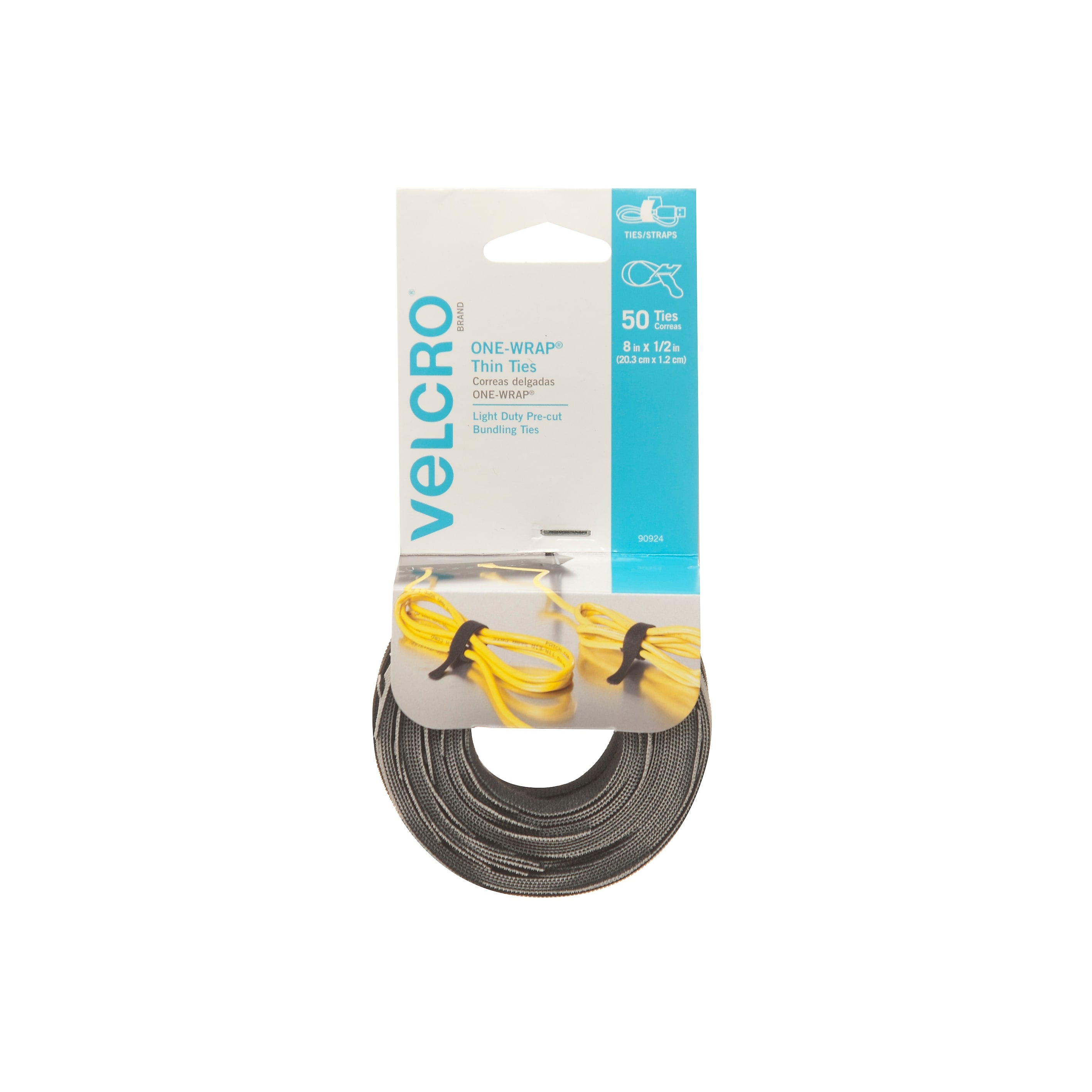 Velcro® Brand One-Wrap® Thin Cable Ties 1/2" x 8", Black/Gray, 50/Pack (90924)