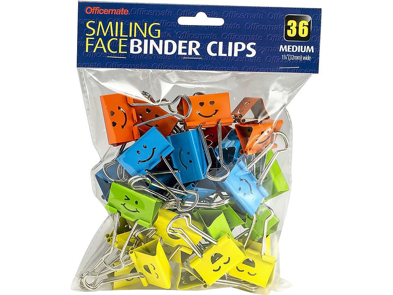 Officemate Smiling Face Medium Binder Clips, Assorted Colors, 36 Clips/Pack (31095)