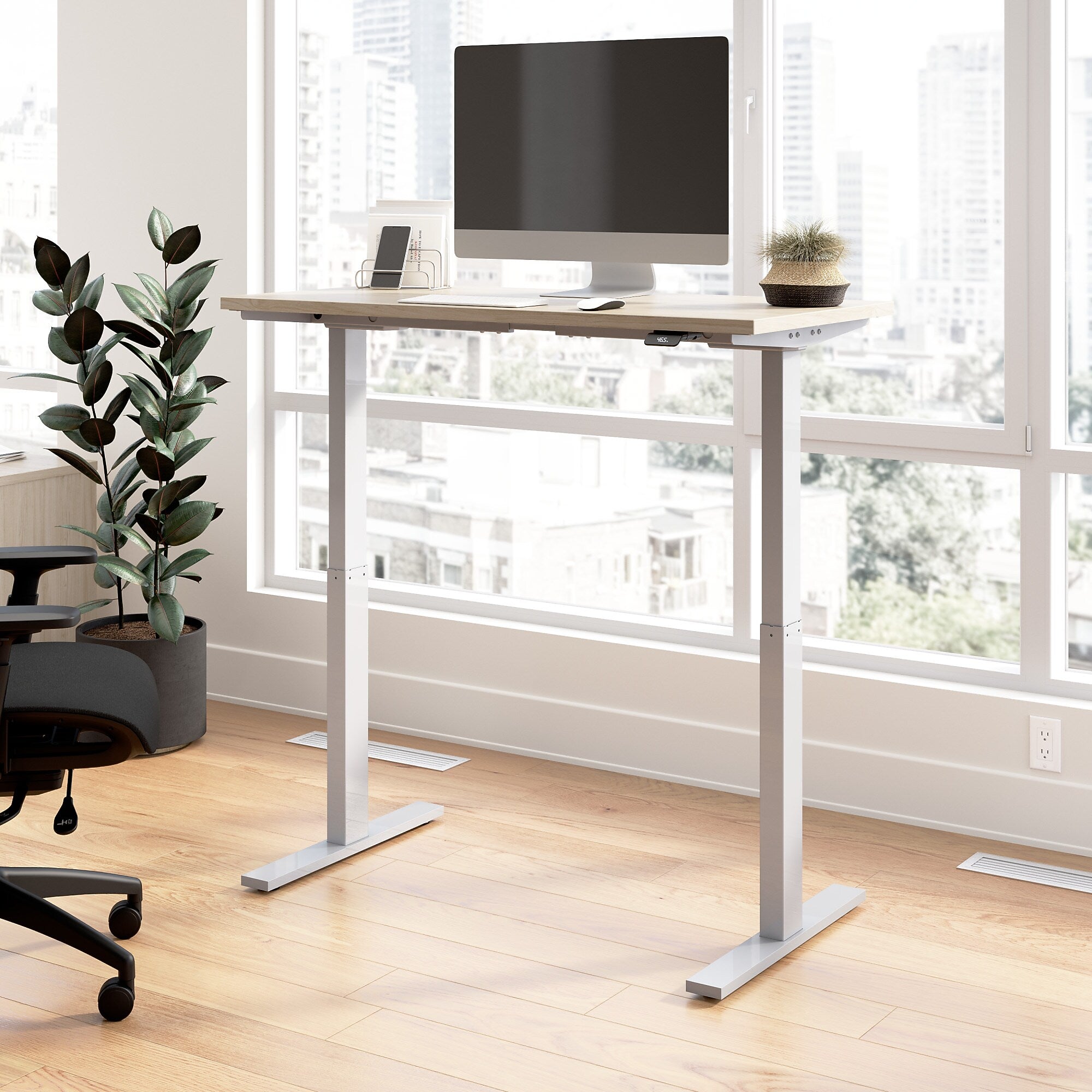 Bush Business Furniture Move 60 Series 48"W Electric Adjustable Standing Desk, Natural Elm/Cool Gray Metallic (M6S4824NESK)