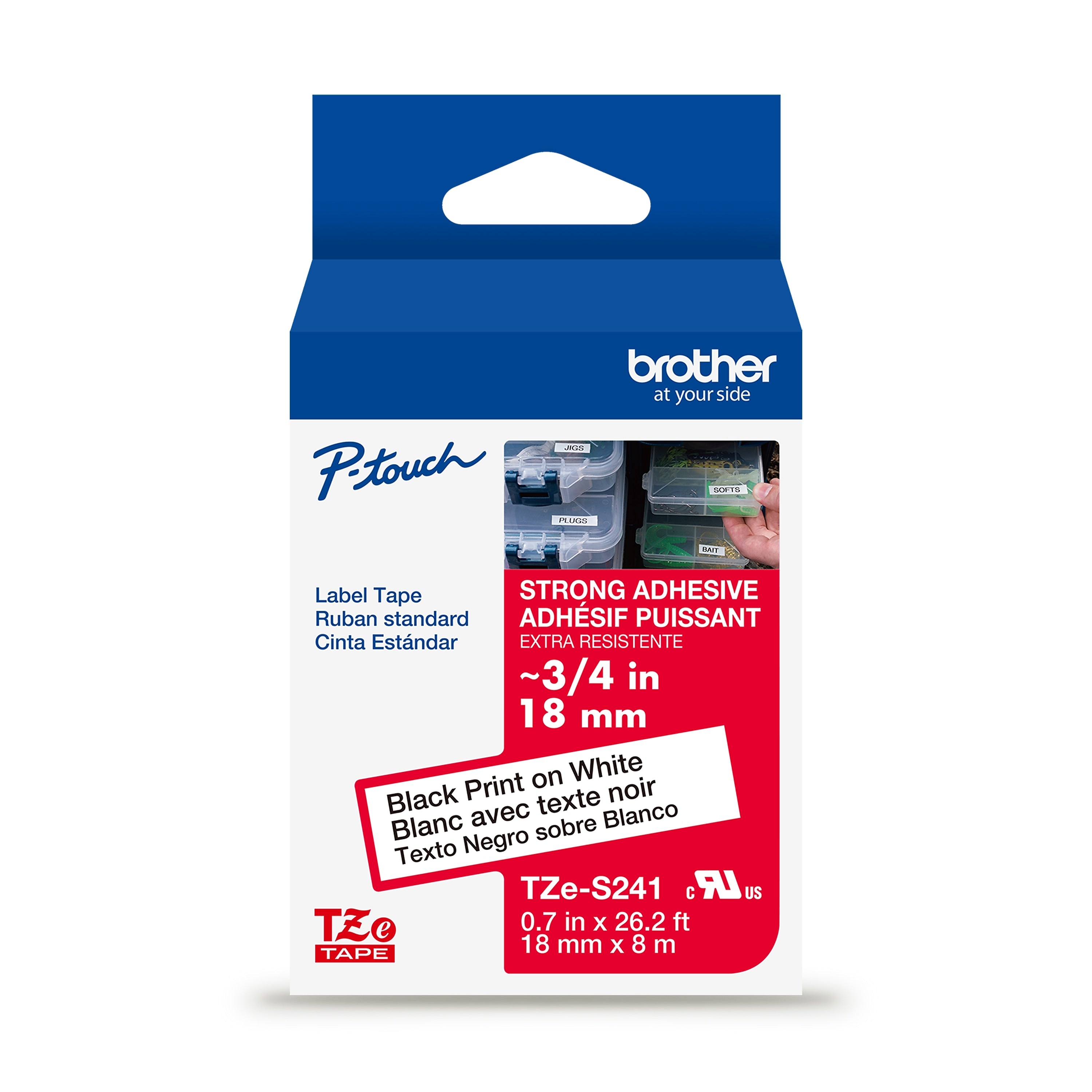 Brother P-touch Strong Adhesive Laminated Label Tape, 3/4" x 26.2', Black on White (TZES241)