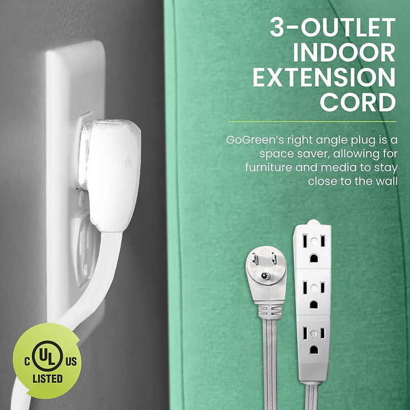 GoGreen Power 15' Extension Cord, 3-Outlet, 16 AWG, White (GG-19615)