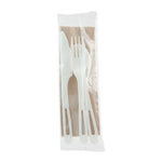 TPLA Compostable Cutlery Kit, Fork/Knife/Napkin/Spoon, Plastic, White, 250/Carton